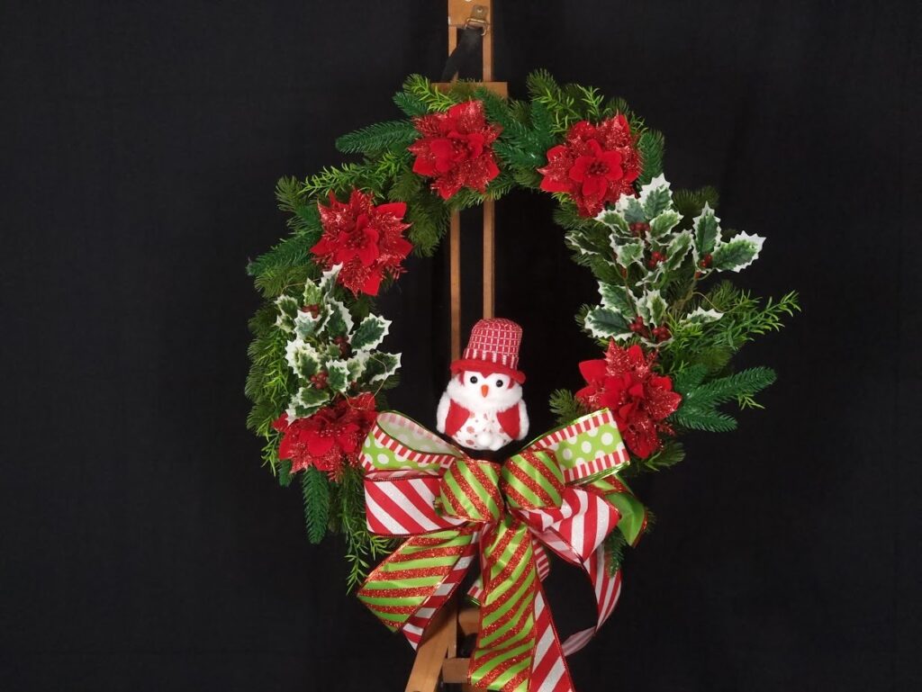 Shamitay hand-made Christmas wreath with owl, holly and poinsettia