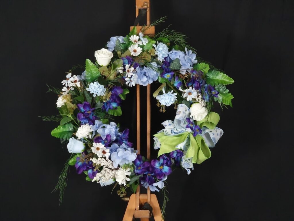 Shamitay hand-made floral everyday wreath in blues, purples and whites